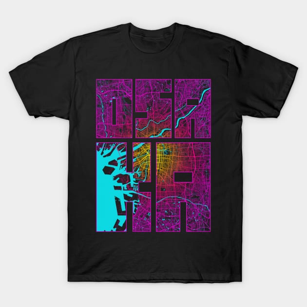 Osaka, Japan City Map Typography - Neon T-Shirt by deMAP Studio